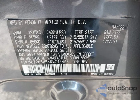 2022 Honda Hr-V 2Wd Ex z USA, uszkodzony, nr VIN 3CZRU5H54NM744496